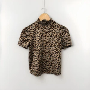 Zara Top Womens Medium Slim Leopard Mock Neck Puff Sleeve Stretch - Picture 1 of 5