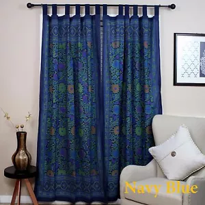 Handmade 100% Cotton Sunflower Floral Tab Top Curtain Drape Door Panel Navy Blue - Picture 1 of 4