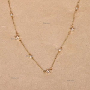 Diamond Choker Star Station Drop Necklace In 14k Yellow Gold Woman Gift Jewelry - Picture 1 of 12