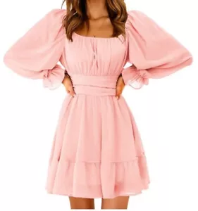 Exlura EXLURA Women Tie Back Long Lantern Sleeve Square Neck Ruffle Dress - Picture 1 of 3