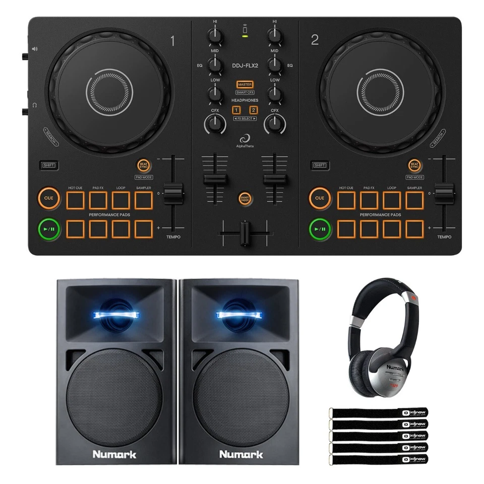 AlphaTheta DDJ-FLX2 Compact Beginner 2-Channel DJ Controller w Speakers Pack