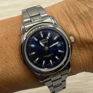 Vintage 90s Kathy Ireland Watch Stainless Steel Blue Face 8” Silver Tone - Picture 1 of 7