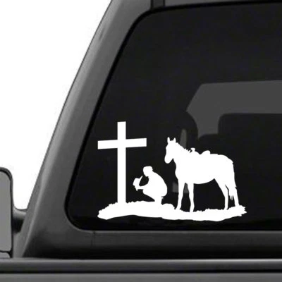 Cowboy holding his hat and Praying at a Cross, vinyl decal for truck trailer - Image 1 of 3