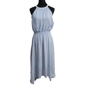 Vestido BCBG Paris de Gasa Mediano Halter Azul Blanco Rayas Midi Transparente Sin Mangas - Imagen 1 de 10