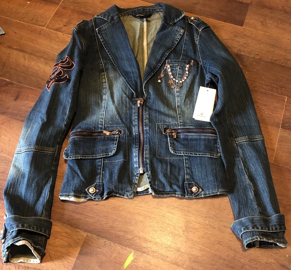 Chaqueta de Jean ROCAWEAR Vintage Y2K Para Mujer Bordada Talla L Joya Dije Foto 1 de 4