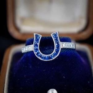 French Cut 0.55ct Blue Sapphire and Diamond Horseshoe Platinum Ring - Picture 1 of 10