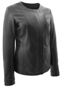 Women Black Leather Jacket Collarless Neckline Soft Fitted Zip Fasten Elena NEW - Picture 1 of 7