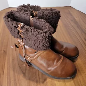 Muk Luks Boots Women's Sz 8 Brown Vegan Leather Sherpa Lined Round Toe Side Zip - Picture 1 of 10