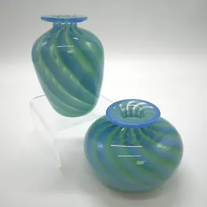 X2 Green & Blue Striped Twisted Hand-Blown Glass Vases - 4.5" Height & 3" Height - Picture 1 of 24