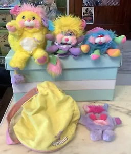 VINTAGE KONVOLUT Spielzeug PUPPE POPPLES MIT TASCHE MATTEL 1986 1987 Chips GELB ROSA LILA - Bild 1 von 14