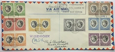 1937 ÁFRICA SUROESTE FDC CUBIERTA WINDHOEK SELLOS BLOQUES CORONACIÓN REY GEORGE VI Foto 1 de 4
