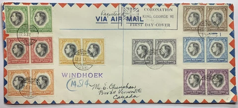 1937 SOUTHWEST AFRICA FDC COVER WINDHOEK STAMP BLOCKS CORONATION KING GEORGE VI Cover