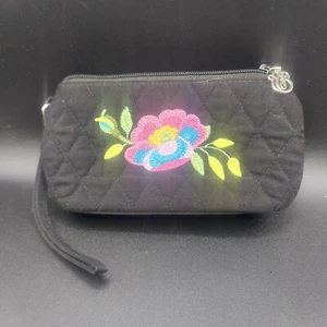 Vera Bradley Embroidered Wristlet. Black Micro Fiber. 7" X 4". Zipper. 24307 A - Picture 1 of 5