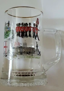 London England Clear Glass Etched Beer Stein Mug Gold Trim Bridge Bus Parliament - Picture 1 of 5