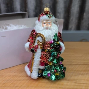 Blown Glass Santa with Tree and Walking Stick Christmas Ornament Poland 7" - Picture 1 of 12