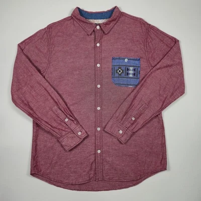 Modern Amusement Men's XL Maroon Linen Blend Button Down Aztec Pocket Shirt - Image 1 of 4