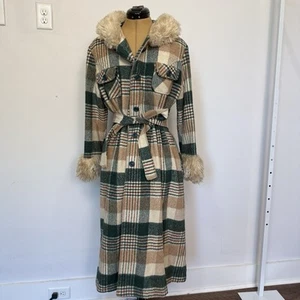 Vintage Penny Lane RARA giacca con cappuccio pelliccia autunno a quadri lana verde media - Foto 1 di 8