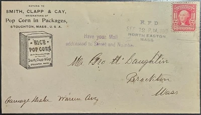 Palomitas de arroz Smith Clapp Cay publicidad North Easton MA RFD cancelar 1904 Bristol Foto 1 de 2