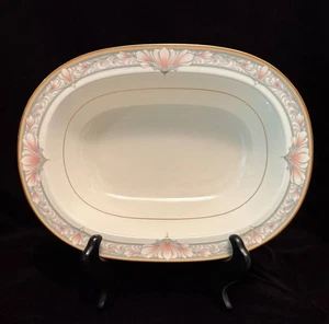 NORITAKE BARRYMORE~10" OVAL VEGETABLE SERVING BOWL~PEACH FLOWERS~GRAY BAND~EUC - Picture 1 of 4