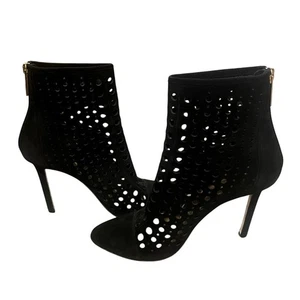 Tamara Mellon 7 Laser Cut Italian Suede Ankle Boots Crossline Polka Dot Black - Picture 1 of 6