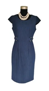 Calvin Klein Dress Sz 4 Denim Blue Women's Midi Sheath Buckles Cap Sleeves NEW - Picture 1 of 7