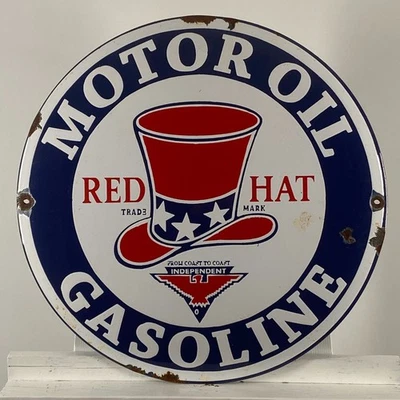 Red Hat Enamel Sign - Ø 50cm (19.7") - Nice Garage Motor Oil Gasoline Wall... - Image 1 of 4
