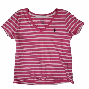POLO RALPH LAUREN Girls Pink & White Stripe Medium Short Sleeve Polo Top Shirt - Picture 1 of 8