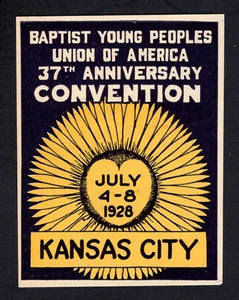 1928 Baptist Young Peoples Union of America 37th Anniversary Convention Label - Picture 1 of 2