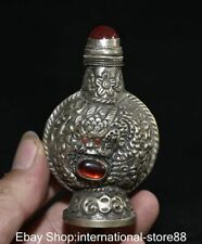 3.6" Old Chinese Miao Silver Red Gem Palace Flower Dragon Amulet Snuff Bottle