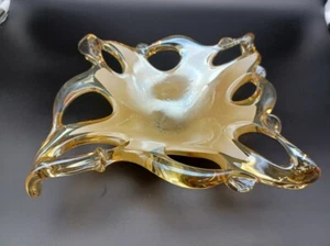 MURANO SPLASH Art Glass Basket Centerpiece Tan Amber Golden Clear Glass - Picture 1 of 8