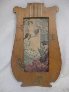 antique framed art painting beautiful watercolor Art Nouveau wood frame harp* - Picture 1 of 10