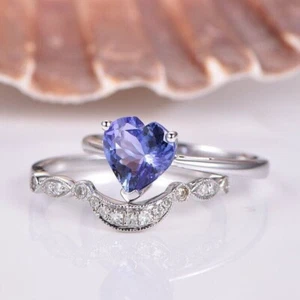 2.40Ct Heart Cut Simulated Blue Tanzanite Bridal Set Ring 14k White Gold Plated - Picture 1 of 6