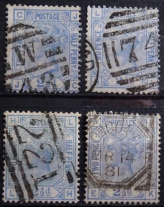 Francobolli GB 1880 21/2d blu SG142 targhe 17 18 19 + 20 usati - Foto 1 di 1