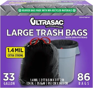 Black Large Heavy Duty Drawstring Trash Bags 33 Gallon 1.4 MIL, 33.5" X 38" - Pa - Picture 1 of 12