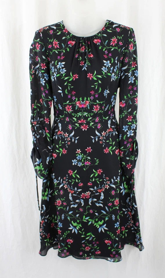 Vestido para mujer Milly negro azul estampado floral múltiple 100 % seda manga larga talla 4 Foto 1 de 4