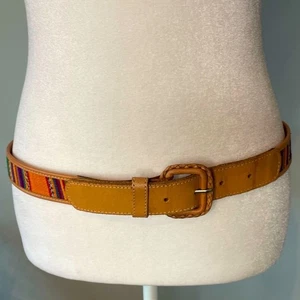 Omega VTG Colorful Cotton Striped and Honey Tan Leather Guatemalan Belt Size L - Picture 1 of 9