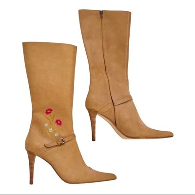 Gunmetal NWOT Western Knee Hi Boots Embroidered Flowers Leather 10B - Image 1 of 4