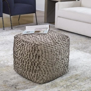 Valda Handwoven Linen + Wool Pouf Ottoman Natural Textured Décor Uttermost 23955 - Picture 1 of 3