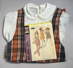 Vintage Girls Jumper Dress Handmade Size 7 Cottage Core Plaid Brown McCall’s - Picture 1 of 7