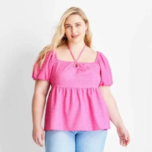 Future Collective Damen Top Bluse XL rosa eckig Bindekragen Puffärmel - Bild 1 von 5