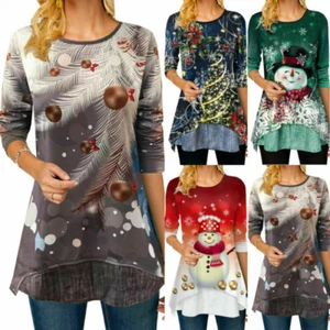Ladies Christmas 3D Snowman Tops Pullover Xmas Long Sleeve Lady Blouse T-Shirt - Picture 1 of 41
