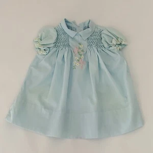 Vintage Polly Flinders Kleid Baby Mädchen 24 Monate pastellblau handgesmokt Puffärmel - Bild 1 von 10