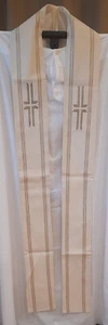 Priesterstola, Messgewand weiss mit gewebtem Kreuz, Wolltrevira, handgewebt - Bild 1 von 2