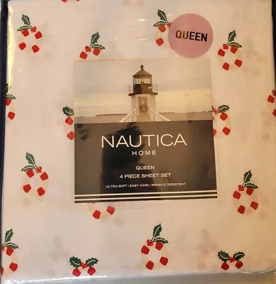 Juego de Sábanas Nautica Queen Vacaciones Navidad Rojo Blanco Salvavidas Guirnalda Salvador Foto 1 de 4