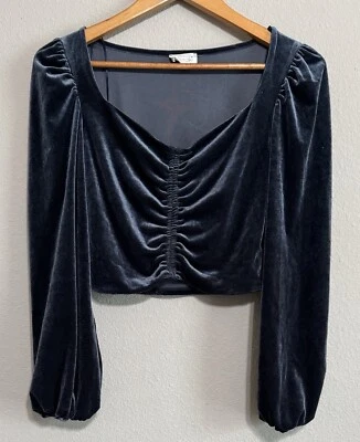 Meraki Women’s M Crushed Velvet Crop Top Shirt Blue Grey Metallic Steampunk - Image 1 of 4