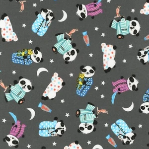 Tela Panda's en pijama's sombra Hello somnoliento sobre franela gris 1/4 yarda 20366304 - Imagen 1 de 5