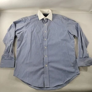 Polo Ralph Lauren White Blue Striped Cuff Link Long Sleeve Shirt Men Size 15 1/2 - Picture 1 of 8