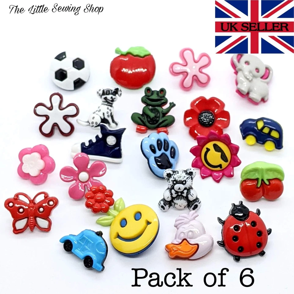6 Kids Novelty Buttons Knitting Sewing Clothing Decoration Card Making - Image 1 of 1