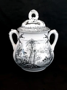 Antique English ironstone transferware lidded jar 7.5 inches, 1800' - Picture 1 of 13