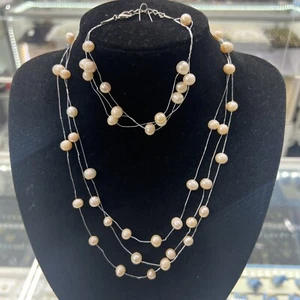 Real Freshwater Pearl Multi String Necklace And Bracelet Set Two Pieces Great - Picture 1 of 15